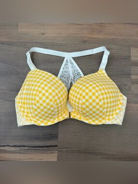 Cacique Yellow Gingham Plunge Push-Up Bra - Lace Racerback Detail - Size 40D